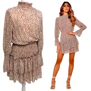 Versona Blush Leopard Print Smocked Tiered Dress